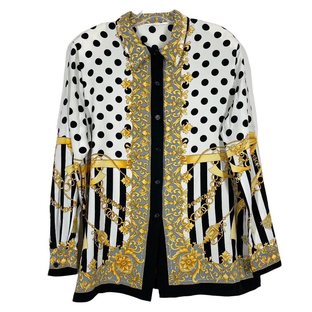 Women’s Black & White Polka Dot Button-Down Shirt with Gold Baroque Trim